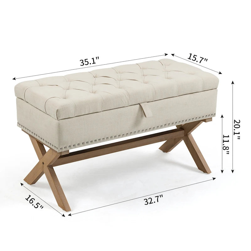 Pouf de rangement en lin capitonné de 35 pouces