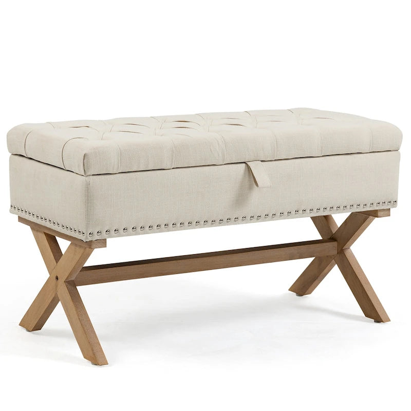 Pouf de rangement en lin capitonné de 35 pouces