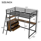 Lit mezzanine double en métal et bois avec bureau et étagères, deux tiroirs intégrés, lumière LED et station de recharge USB
