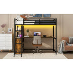 Lit mezzanine double en métal et bois avec bureau et étagères, deux tiroirs intégrés, lumière LED et station de recharge USB