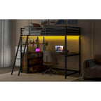 Lit mezzanine double en métal et bois avec bureau et étagères, deux tiroirs intégrés, lumière LED et station de recharge USB