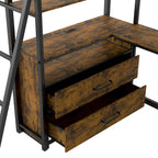 Lit mezzanine double en métal et bois avec bureau et étagères, deux tiroirs intégrés, lumière LED et station de recharge USB