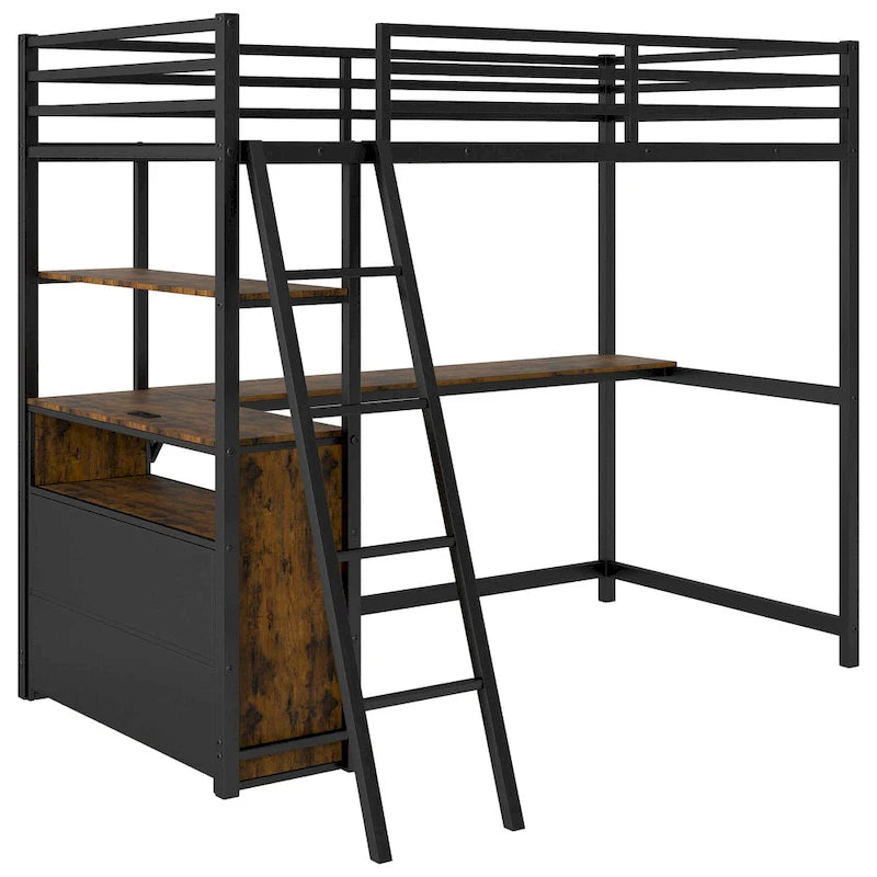 Lit mezzanine double en métal et bois avec bureau et étagères, deux tiroirs intégrés, lumière LED et station de recharge USB
