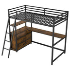 Lit mezzanine double en métal et bois avec bureau et étagères, deux tiroirs intégrés, lumière LED et station de recharge USB