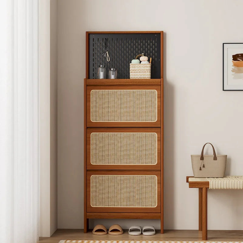 Rattan Shoe Cabinet for Entryway, Free Standing Shoe Rack with 3 Flip Drawers & Black Pegboard, Hidden Narrow Shoe Cabinet