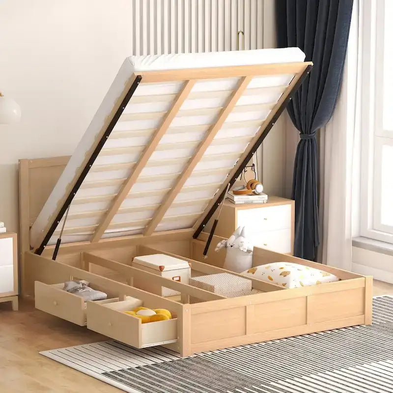 Full Size All-in-One Wood Platform Bed w/ Underneath Storage Upholstered Bed & 2 Drawers Space-Saving CreativeStorage Bed Frame