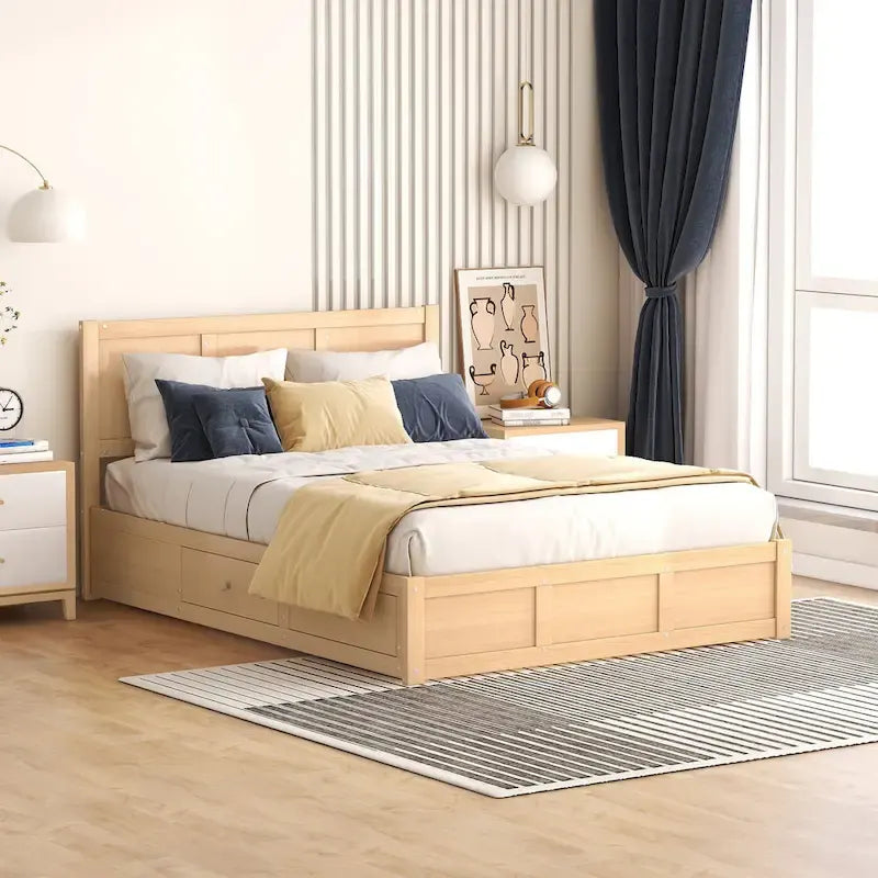 Full Size All-in-One Wood Platform Bed w/ Underneath Storage Upholstered Bed & 2 Drawers Space-Saving CreativeStorage Bed Frame