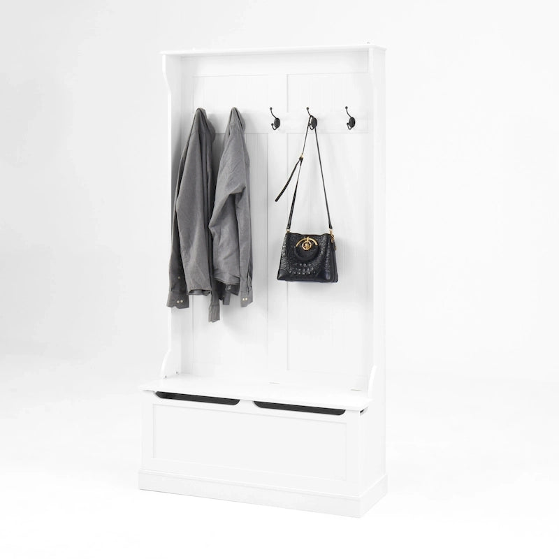 Porte-manteau de style moderne avec banc d'entrée, meuble à chaussures, 5 crochets, peu encombrant, pour entrée et couloir, Blanc