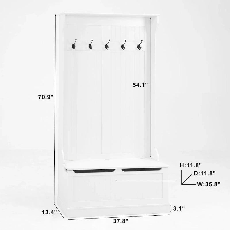 Porte-manteau de style moderne avec banc d'entrée, meuble à chaussures, 5 crochets, peu encombrant, pour entrée et couloir, Blanc