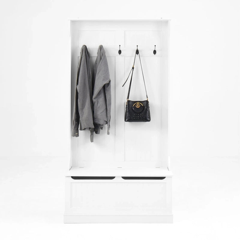 Porte-manteau de style moderne avec banc d'entrée, meuble à chaussures, 5 crochets, peu encombrant, pour entrée et couloir, Blanc