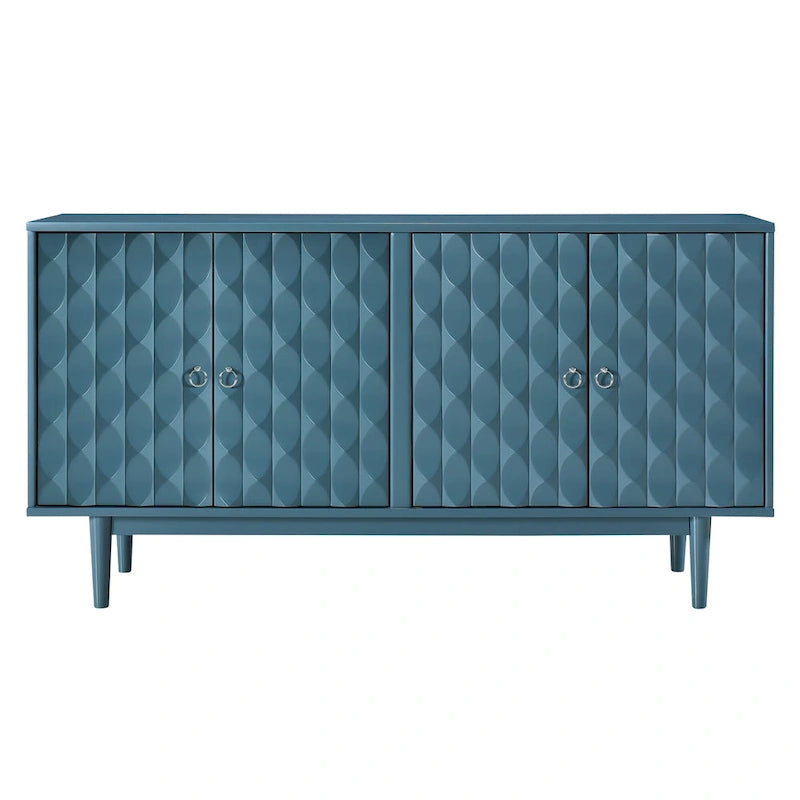 Buffet quatre portes avec façades géométriques et poignées anneaux argentées