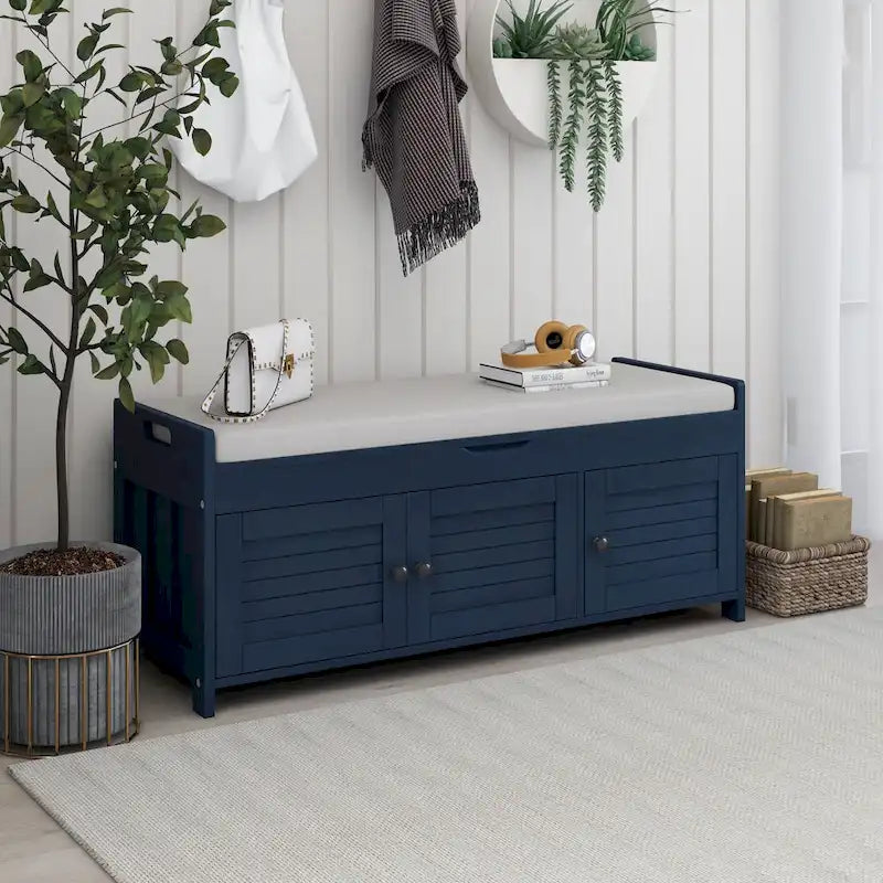 Banc de rangement en bois avec assise rembourrée et portes à persiennes