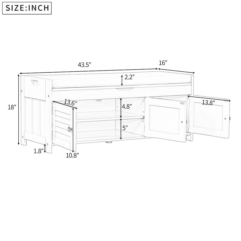 Banc de rangement en bois avec assise rembourrée et portes à persiennes