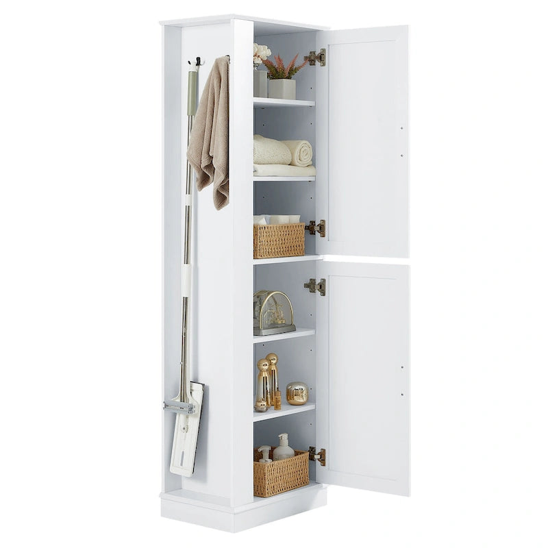 Meuble de rangement haut et étroit pour salle de bain avec étagères réglables et patères pour serviettes