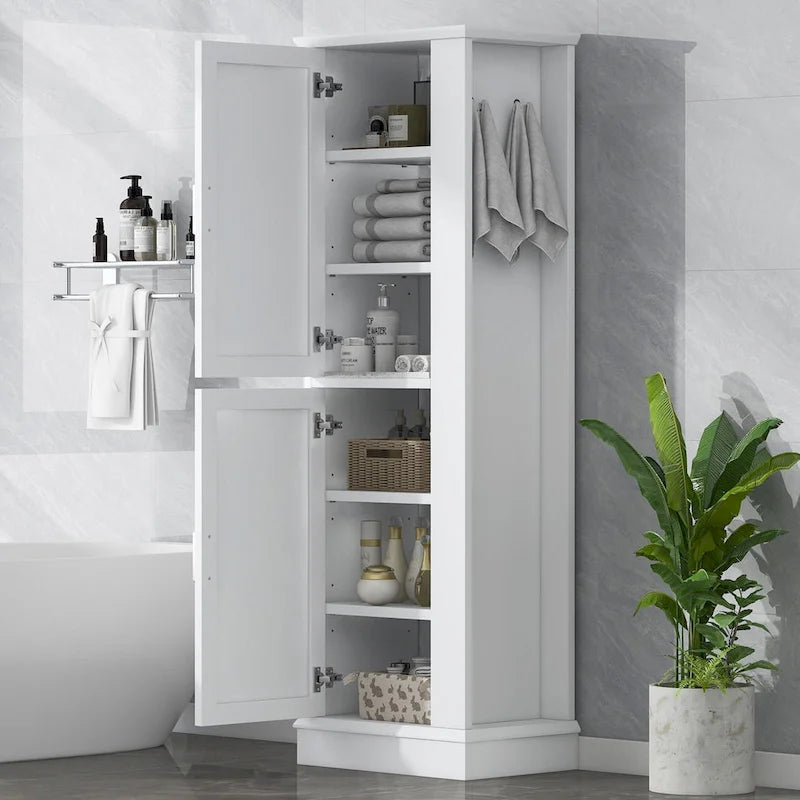 Meuble de rangement haut et étroit pour salle de bain avec étagères réglables et patères pour serviettes