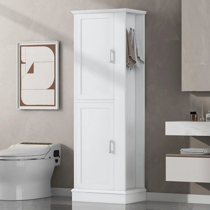 Meuble de rangement haut et étroit pour salle de bain avec étagères réglables et patères pour serviettes