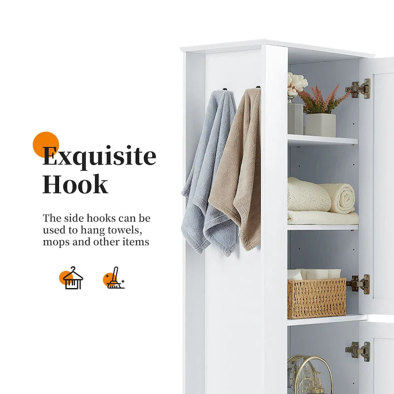Meuble de rangement haut et étroit pour salle de bain avec étagères réglables et patères pour serviettes