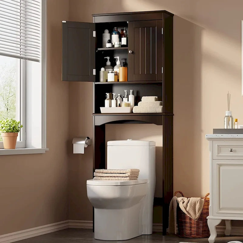 Meuble de rangement autoportant en bois pour toilettes à deux portes