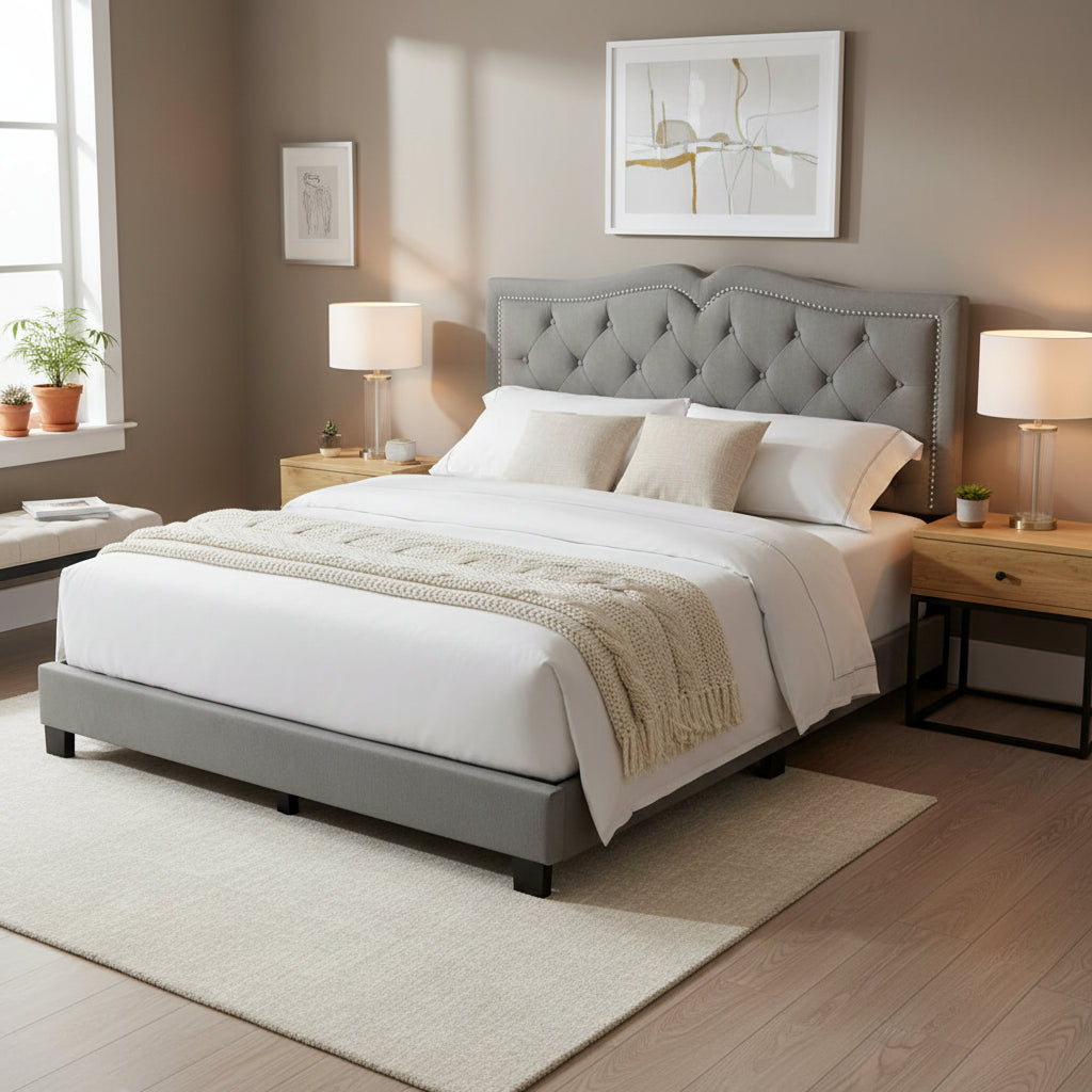 Queen Size Upholstered Bed Frame with Rivet Design, Modern Velvet Platform Bed with Tufted Headboard, Gray