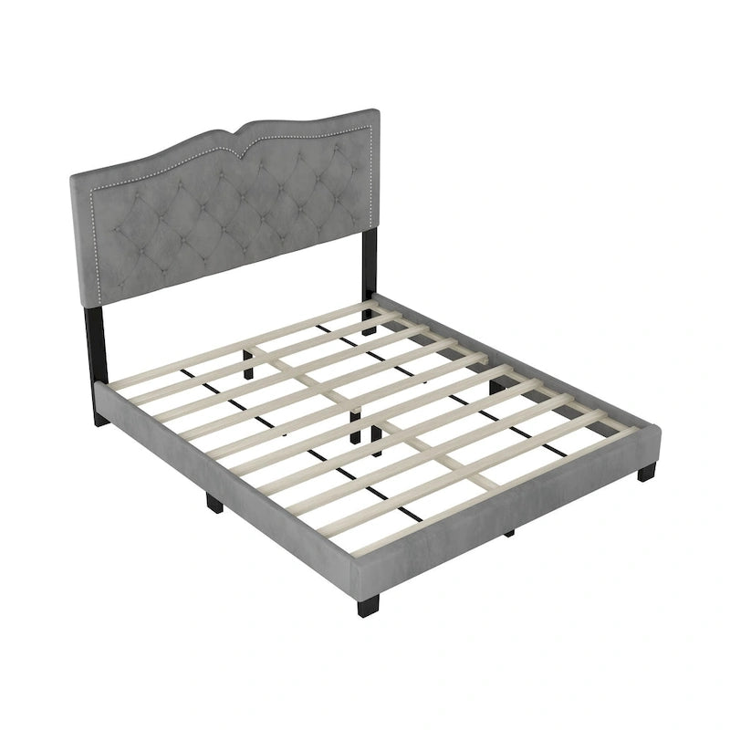 Queen Size Upholstered Bed Frame with Rivet Design, Modern Velvet Platform Bed with Tufted Headboard, Gray