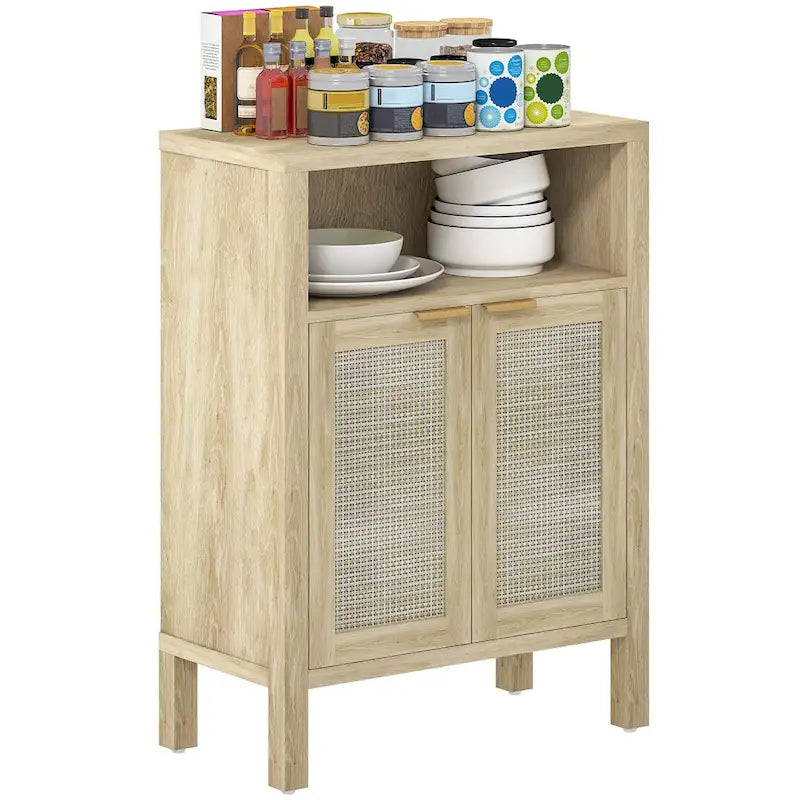 Buffet noir avec portes effet rotin et étagère réglable