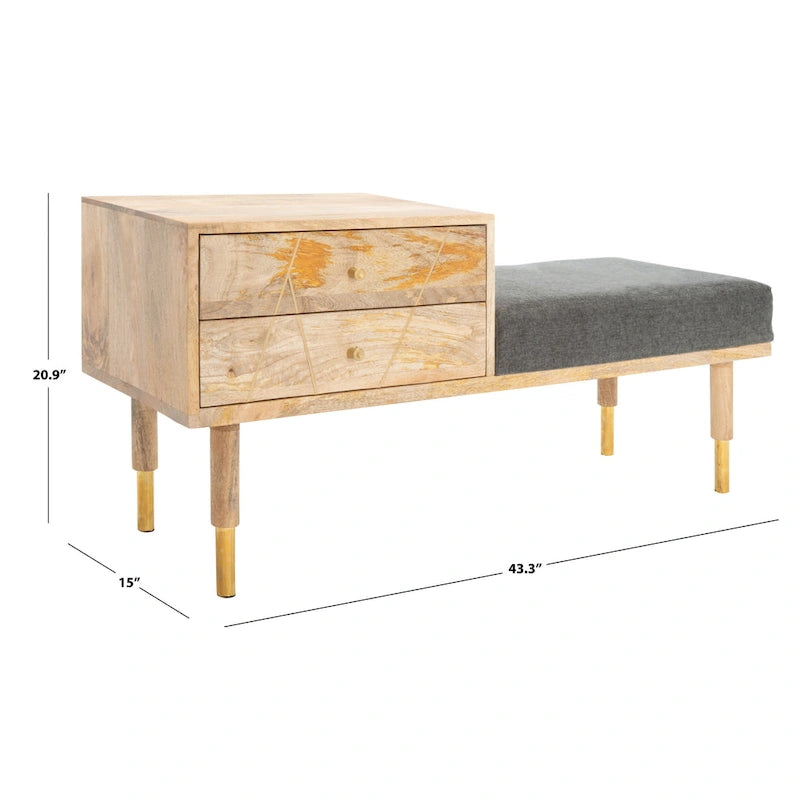 Banc moderne à 2 tiroirs avec coussin - 43 L x 15 P x 21 H po.