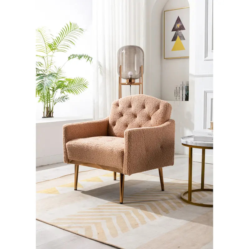 Fauteuil capitonné en peluche avec pieds or rose