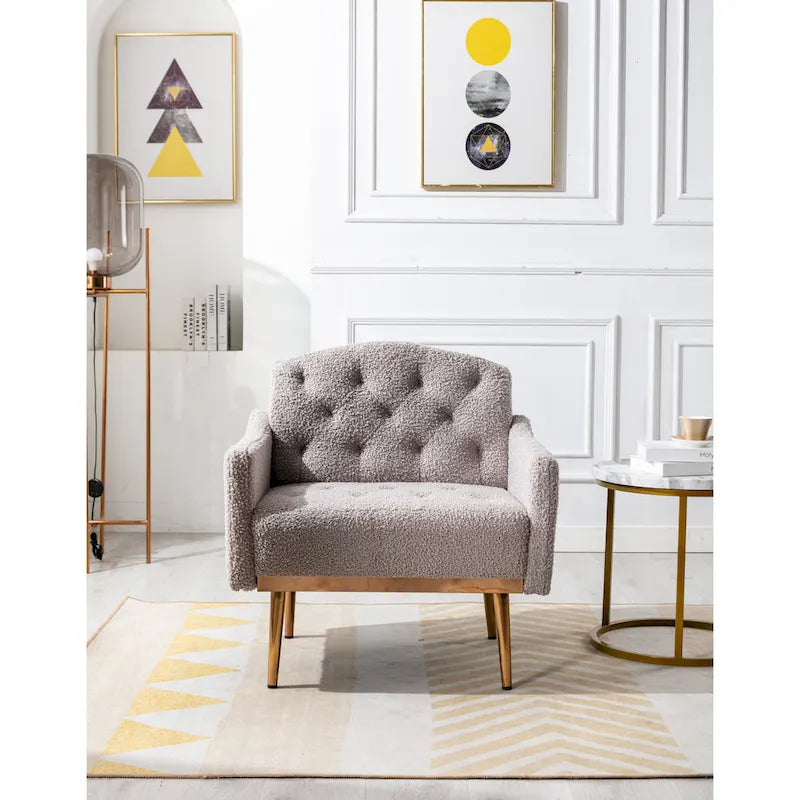 Fauteuil capitonné en peluche avec pieds or rose