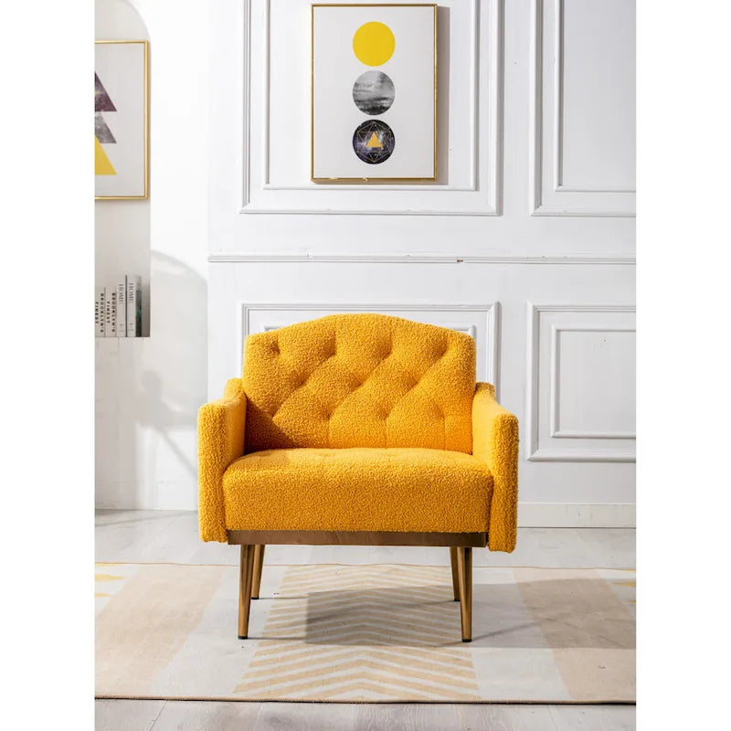 Fauteuil capitonné en peluche avec pieds or rose