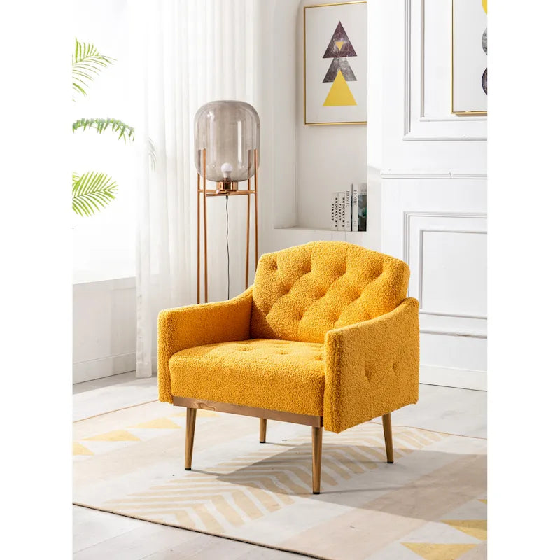 Fauteuil capitonné en peluche avec pieds or rose