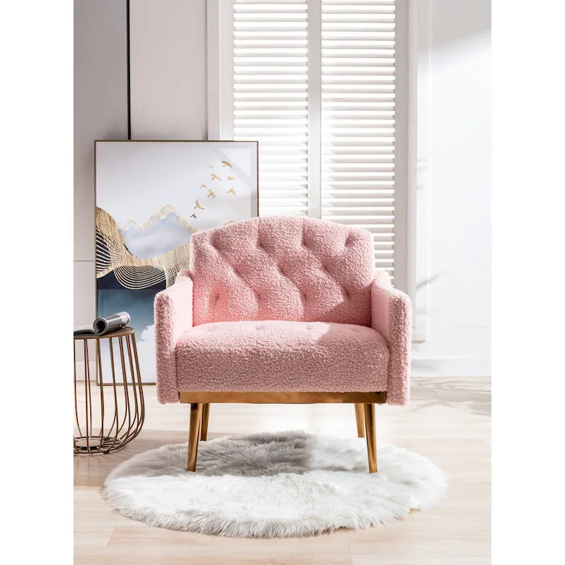Fauteuil capitonné en peluche avec pieds or rose