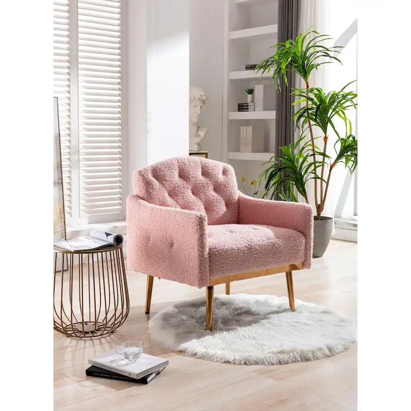 Fauteuil capitonné en peluche avec pieds or rose