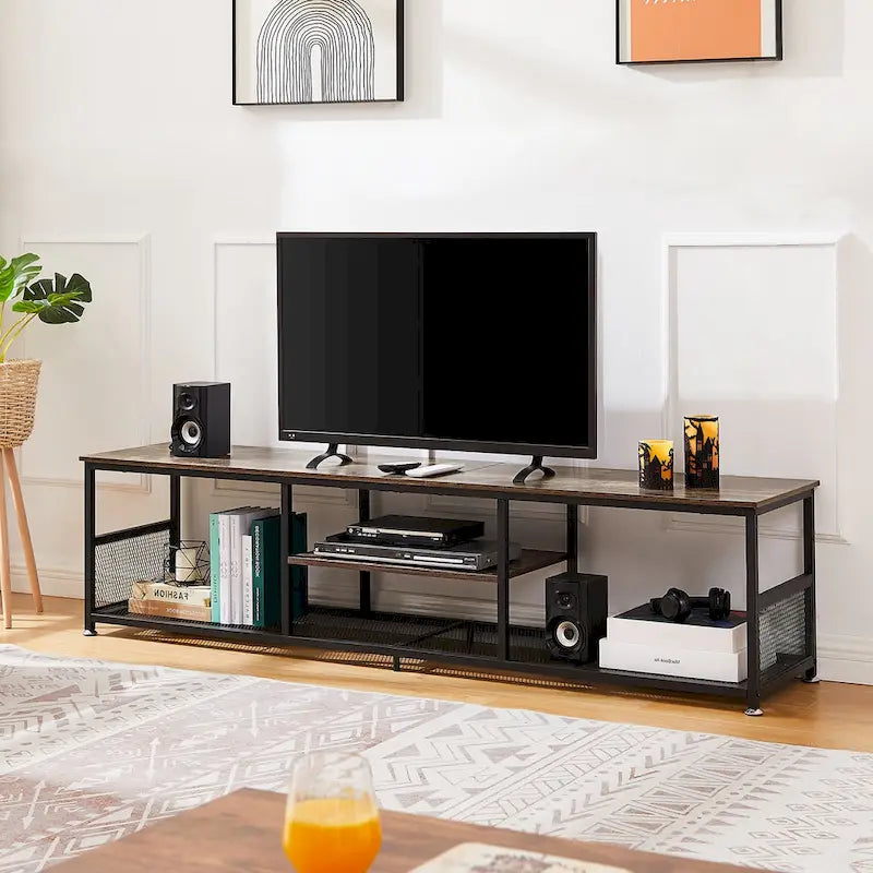 TV Stand Industrial Entertainment Center Media Console Table with Storage and Mesh Shelf for Living Room/Bedroom, Brown