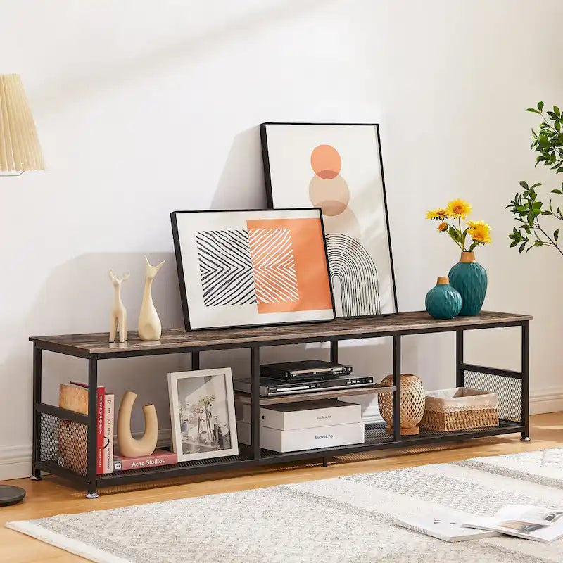 TV Stand Industrial Entertainment Center Media Console Table with Storage and Mesh Shelf for Living Room/Bedroom, Brown