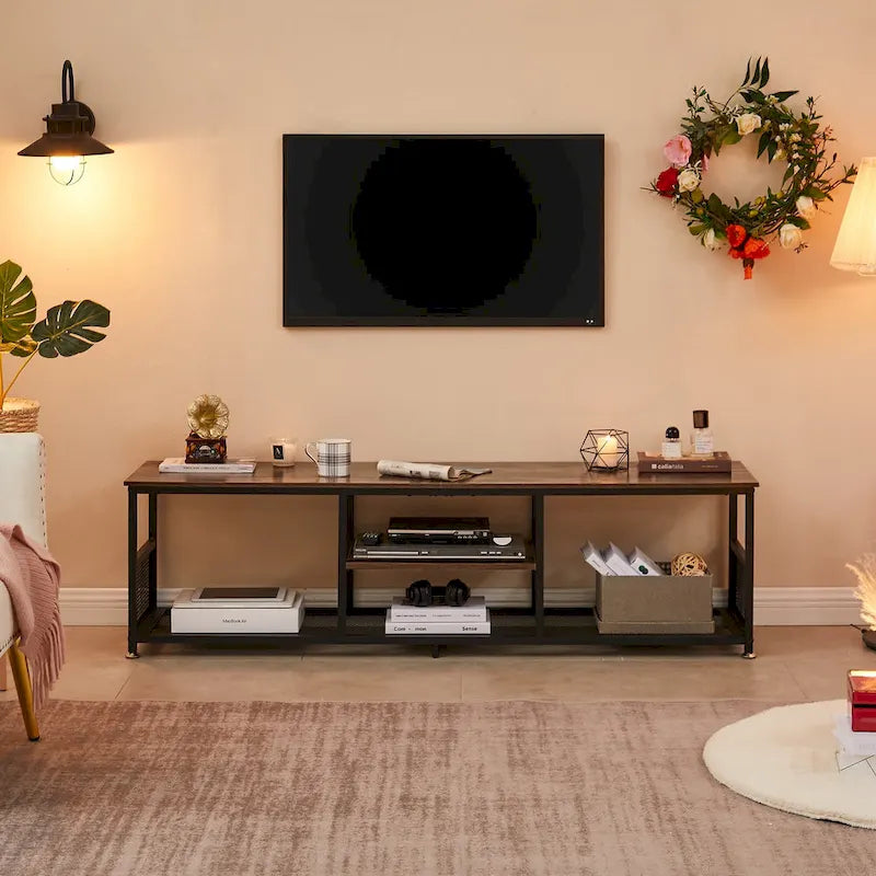 TV Stand Industrial Entertainment Center Media Console Table with Storage and Mesh Shelf for Living Room/Bedroom, Brown