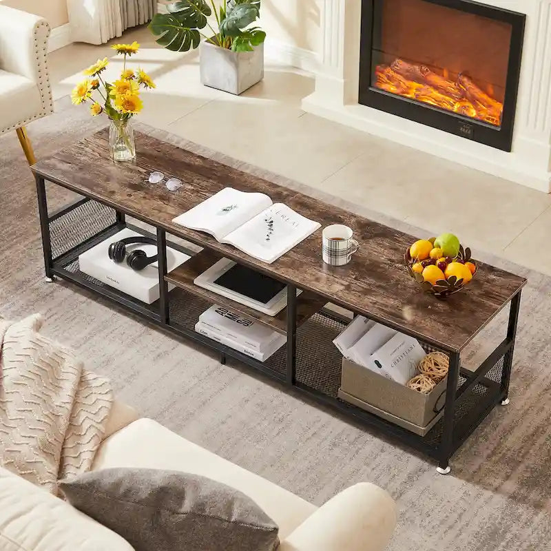 TV Stand Industrial Entertainment Center Media Console Table with Storage and Mesh Shelf for Living Room/Bedroom, Brown