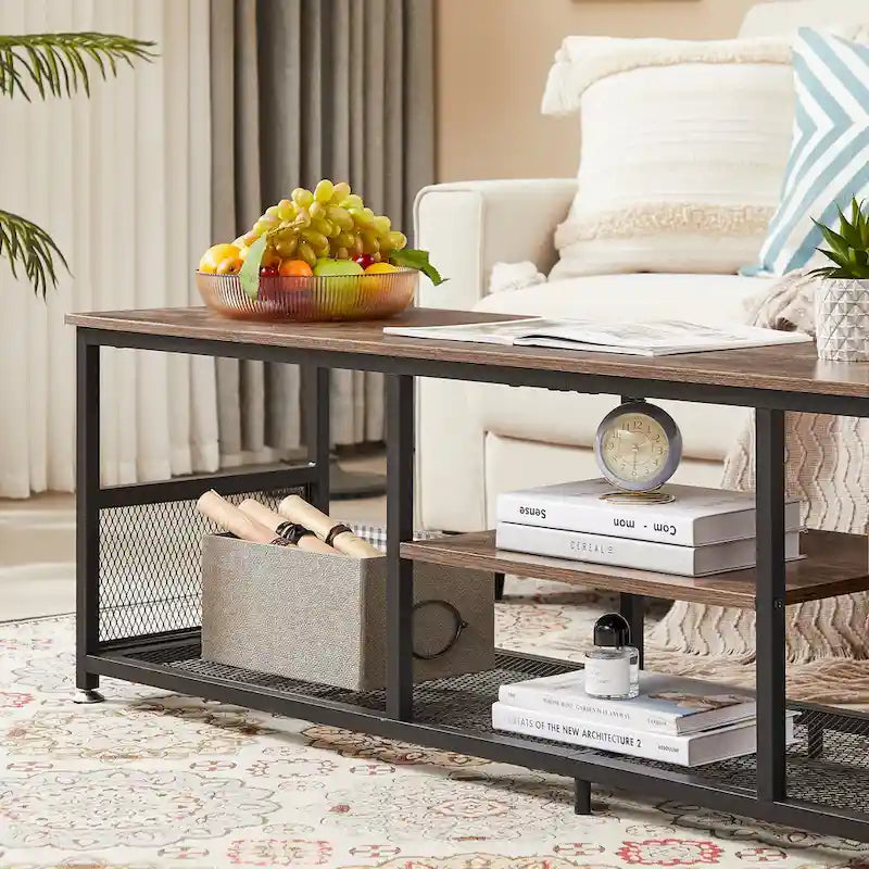 TV Stand Industrial Entertainment Center Media Console Table with Storage and Mesh Shelf for Living Room/Bedroom, Brown