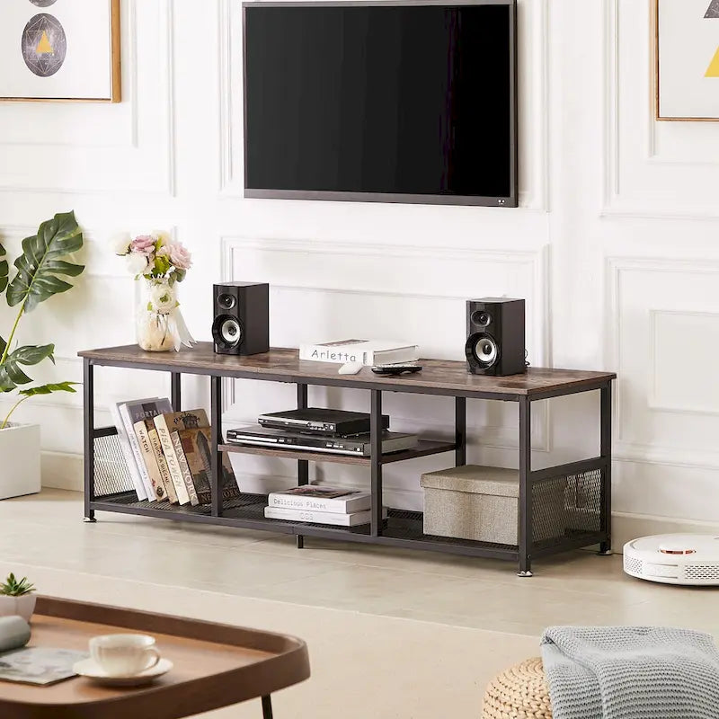 TV Stand Industrial Entertainment Center Media Console Table with Storage and Mesh Shelf for Living Room/Bedroom, Brown