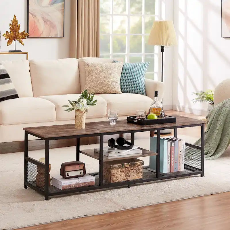 TV Stand Industrial Entertainment Center Media Console Table with Storage and Mesh Shelf for Living Room/Bedroom, Brown