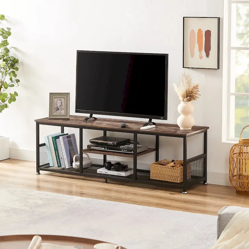TV Stand Industrial Entertainment Center Media Console Table with Storage and Mesh Shelf for Living Room/Bedroom, Brown