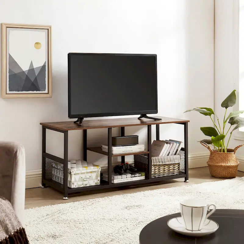 TV Stand Industrial Entertainment Center Media Console Table with Storage and Mesh Shelf for Living Room/Bedroom, Brown