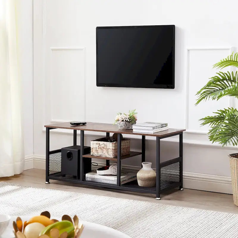 TV Stand Industrial Entertainment Center Media Console Table with Storage and Mesh Shelf for Living Room/Bedroom, Brown