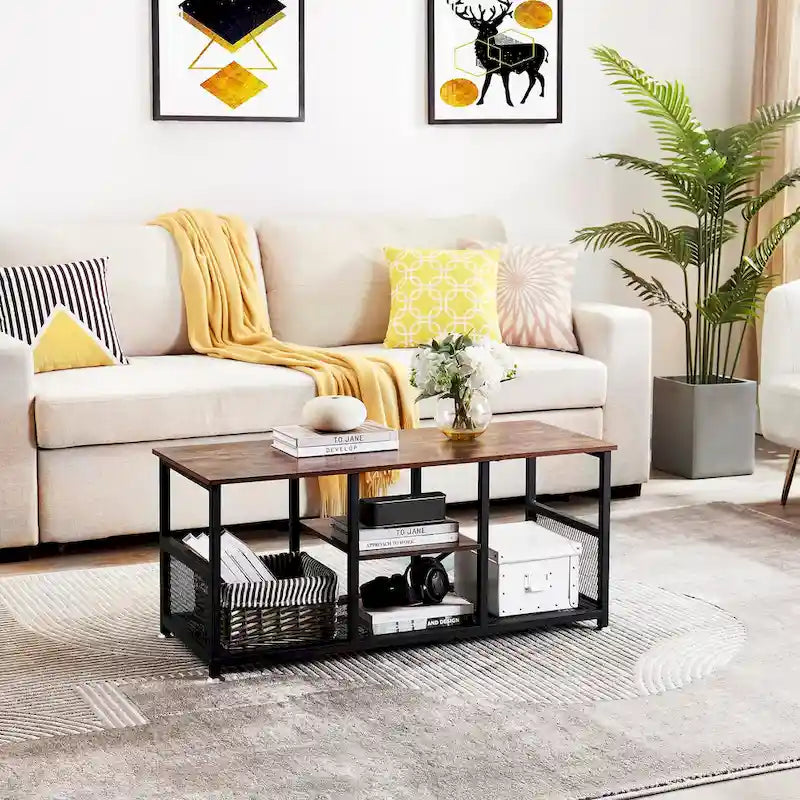 TV Stand Industrial Entertainment Center Media Console Table with Storage and Mesh Shelf for Living Room/Bedroom, Brown