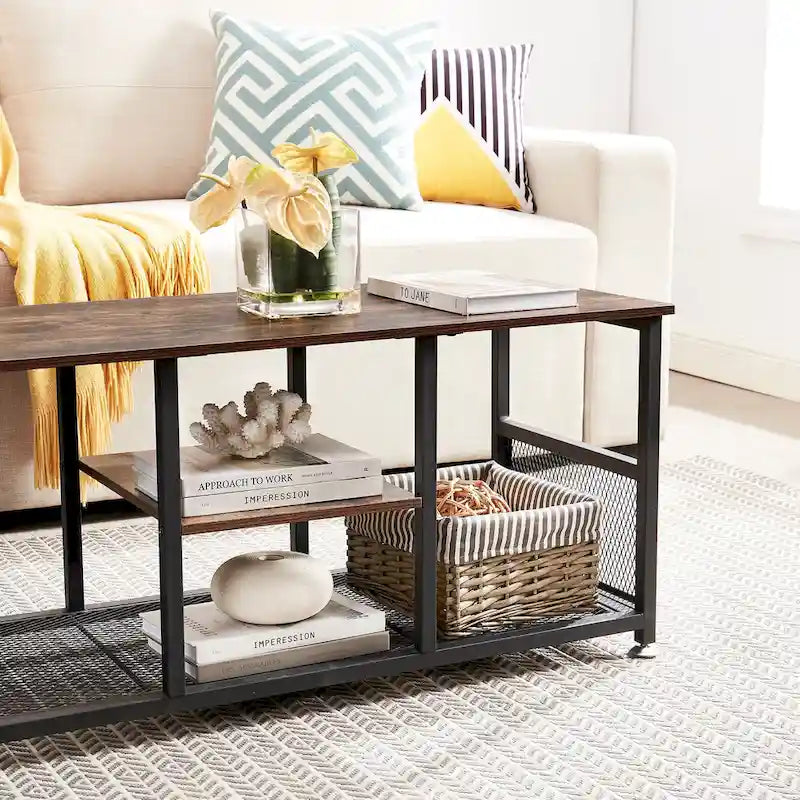 TV Stand Industrial Entertainment Center Media Console Table with Storage and Mesh Shelf for Living Room/Bedroom, Brown