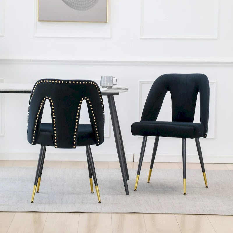 Set of 2 Velvet Upholstered Dining Chair with Nailheads and Metal Legs