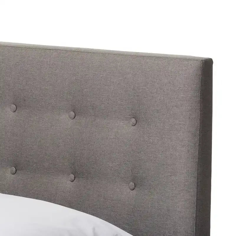 Mid-century Grey Upholstered Walnut Wood Platform Bed