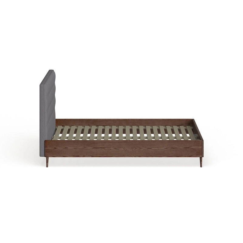 Mid-century Grey Upholstered Walnut Wood Platform Bed