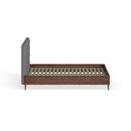 Mid-century Grey Upholstered Walnut Wood Platform Bed