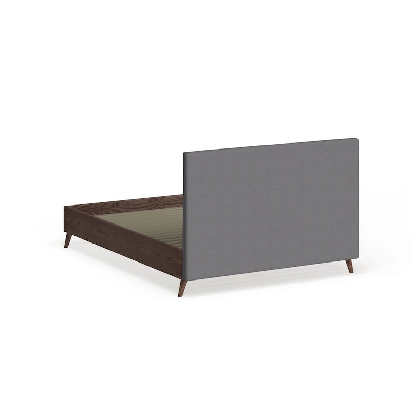 Mid-century Grey Upholstered Walnut Wood Platform Bed