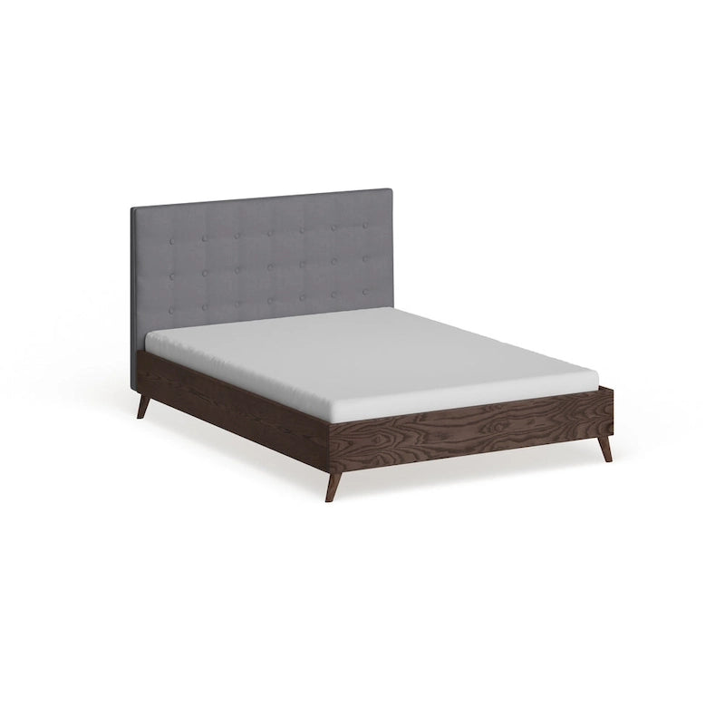 Mid-century Grey Upholstered Walnut Wood Platform Bed